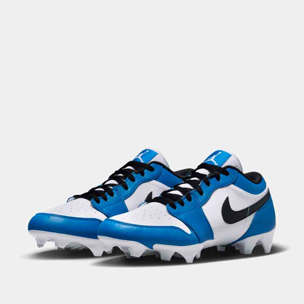 Front view of the Men's Jordan 1 Low TD Football Cleats 'White Black Royal'.