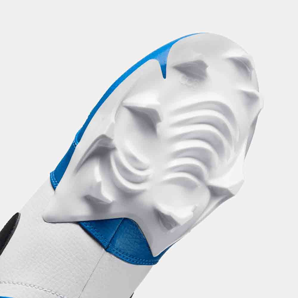 Up close, bottom view of the Men's Jordan 1 Low TD Football Cleats 'White Black Royal'.